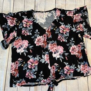 Emerald 1X Floral Short Sleeve Blouse Shirt, Tie Front, Frilly Sleeves